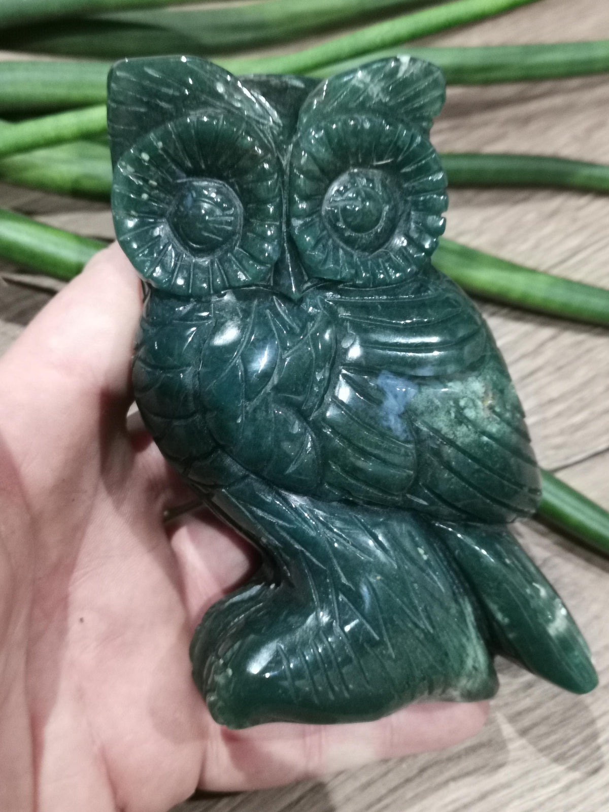 Owl Carved in Natural Stone, Moss Agate, Cut Mineral 646 Gr