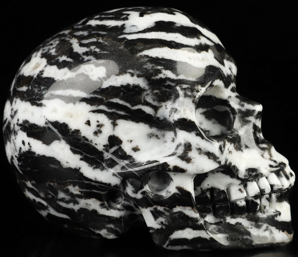 Zebrastreepjasper, prachtige schedelvormige sculptuur, verzameling, meditatie, Feng Shui, ijdelheid, memento mori