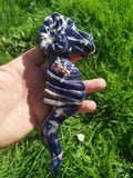 Dague en sodalite naturelle, lame sinueuse et tête de bouc, 20 cm