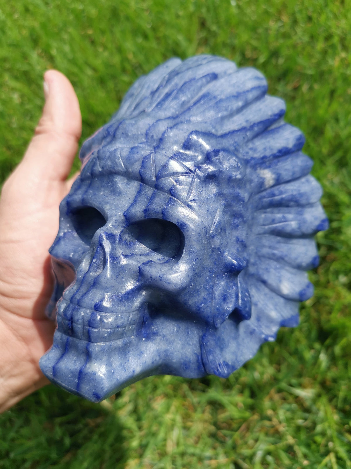 Tête indien en Aventurine Bleu 1,5 kg statue , sculpture pierre naturelle Crystal Skull