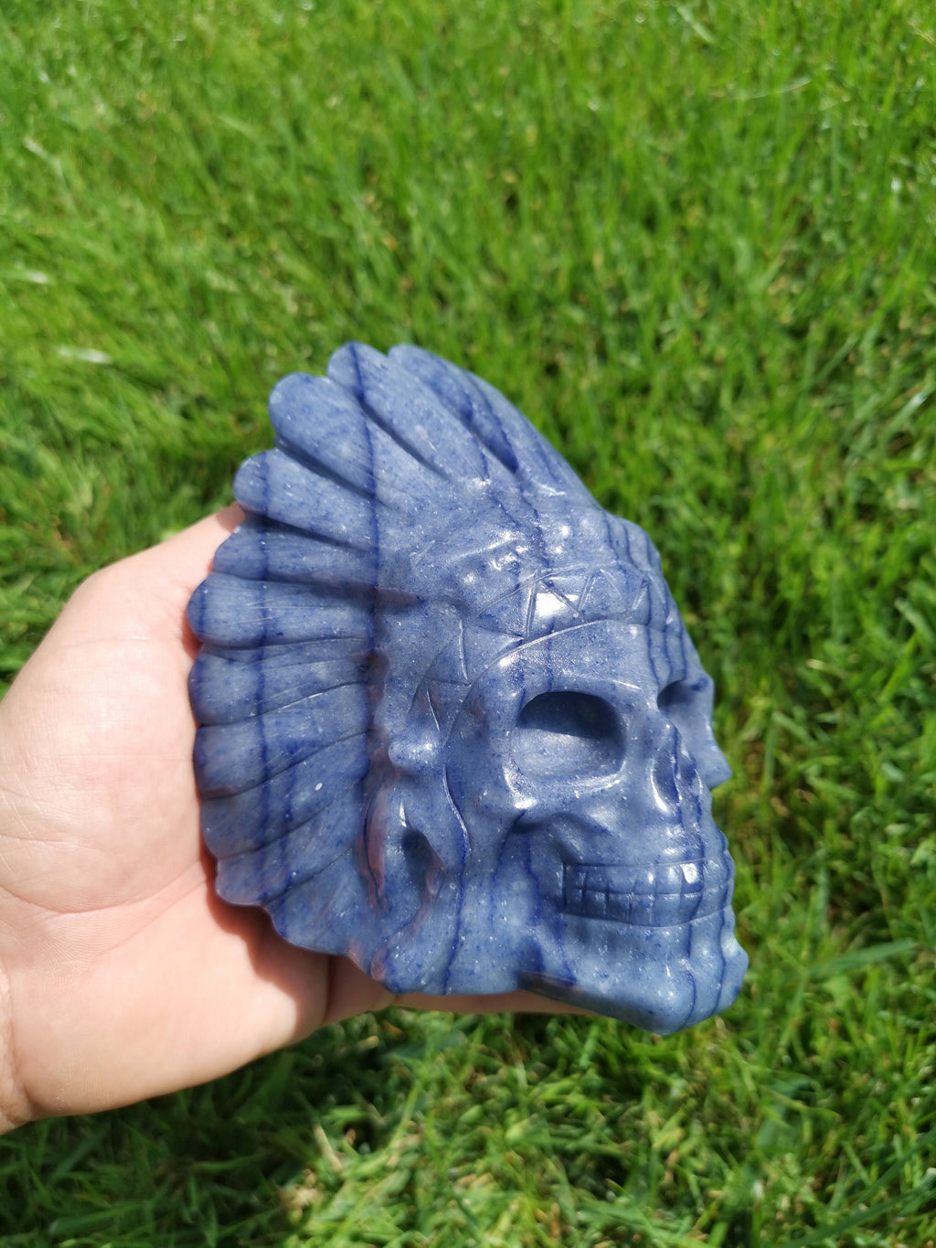 Inheems Amerikaans hoofd van blauwe avonturijn, 1,5 kg, standbeeld, sculptuur van natuursteen, Crystal Skull