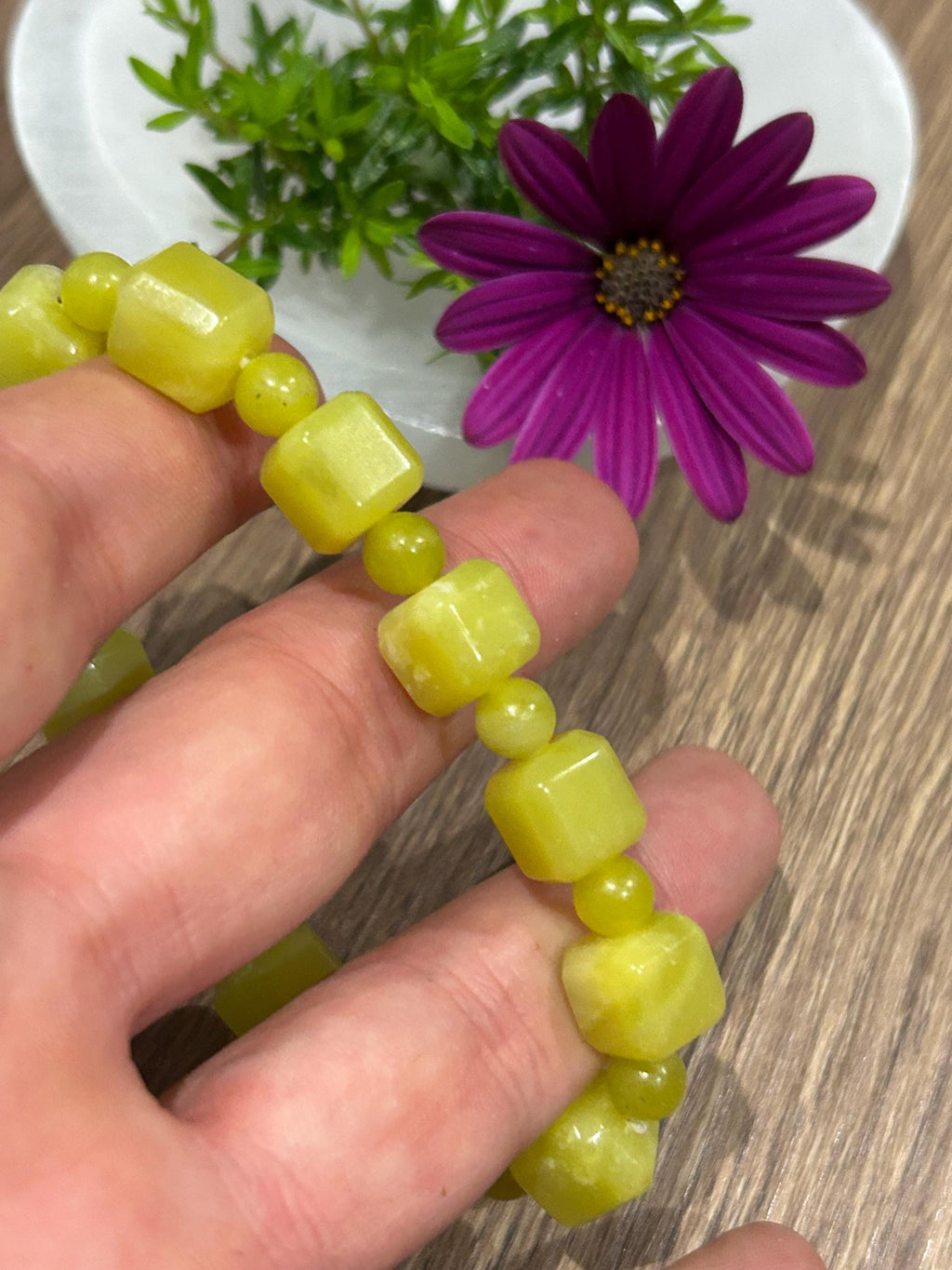 Serpentina , Jade Limón , Pulsera a Medida , Perla Redonda de 6 mm + Cuadrado de 10 mm / - Serenidad – Equilibrio – Renovación