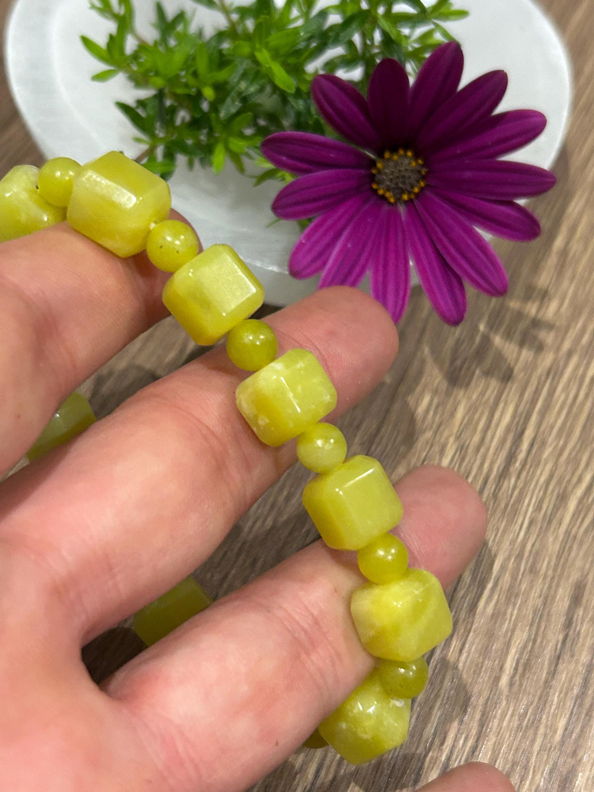 Serpentina , Jade Limón , Pulsera a Medida , Perla Redonda de 6 mm + Cuadrado de 10 mm / - Serenidad – Equilibrio – Renovación