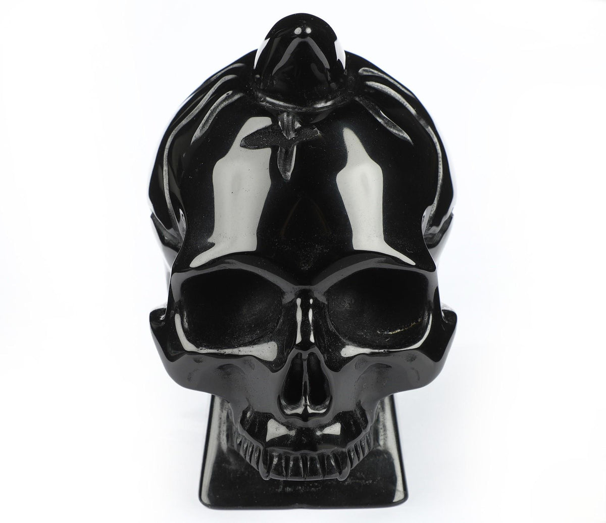 Crâne à corne en obsidienne noire – Sculpture de collection – 1 370 g