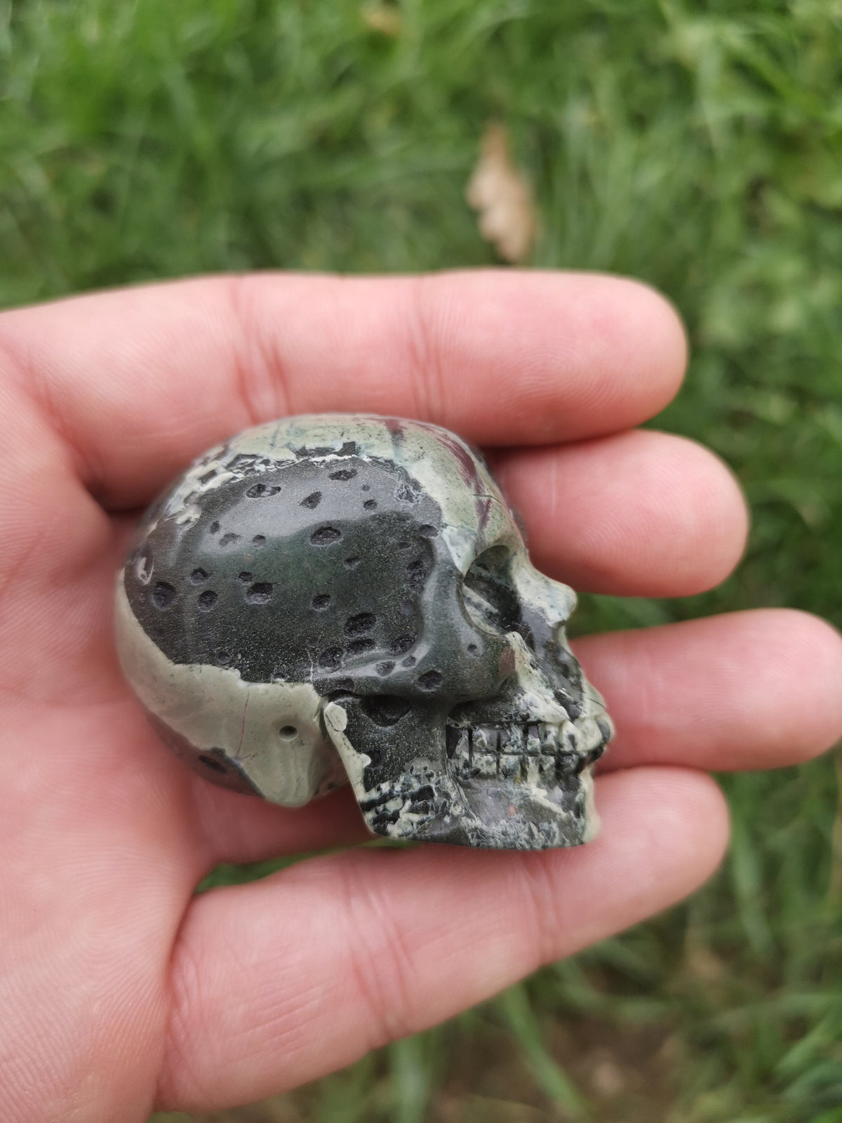 Czaszka z naturalnego kamienia JASPEK SKÓRA żaby / Kamuflaż / REIKI Czaszka , Cranio , SchÄdel , Cranio