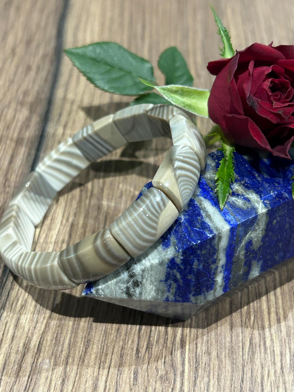 Agata Bandata Marrone, Bracciale con perla rettangolare , Lunghezza di 17 Cm