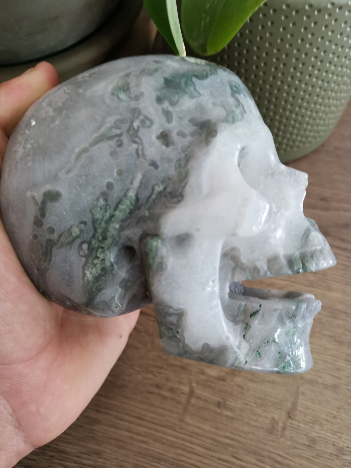Moss Agate / Collector's Singing, Laughing Crystal Skull / Lithotherapy / ART / Cranio, SchÄdel, Craneo, Skull, reiki