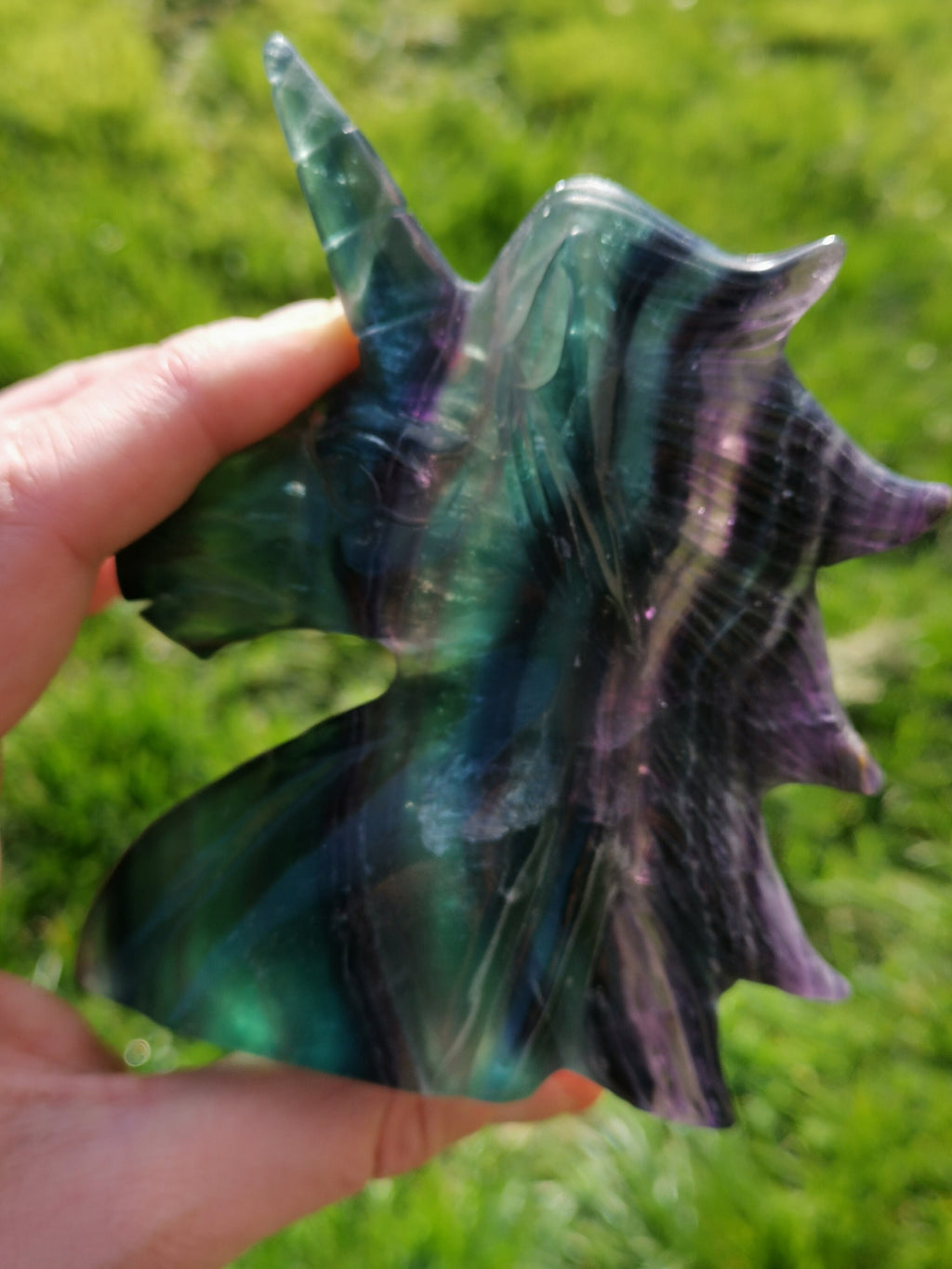 Licorne , Fluorite arc en ciel , jolie tête de 375 grammes