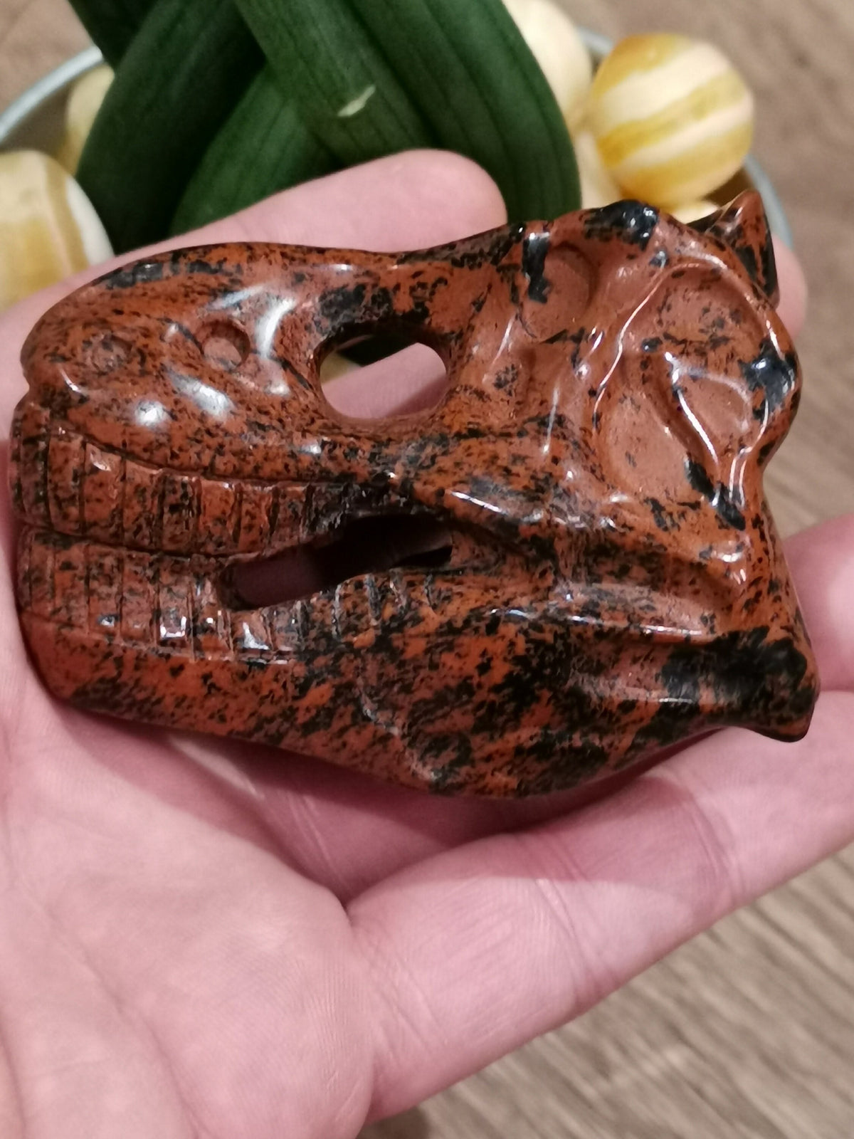 Tyrannosaure / T REX -- > Sculpture en Obsidienne ACAJOU / Aventurine verte, Minéraux pierre naturelle taillé