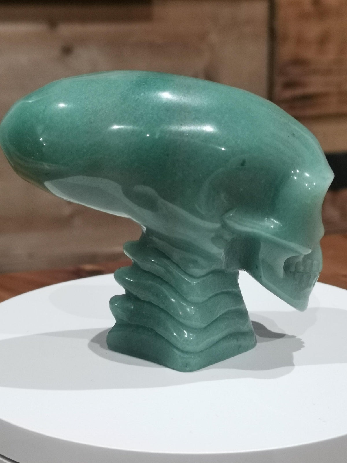 Crâne allongé « Voyageur » en aventurine verte du Brésil · Pierre naturelle