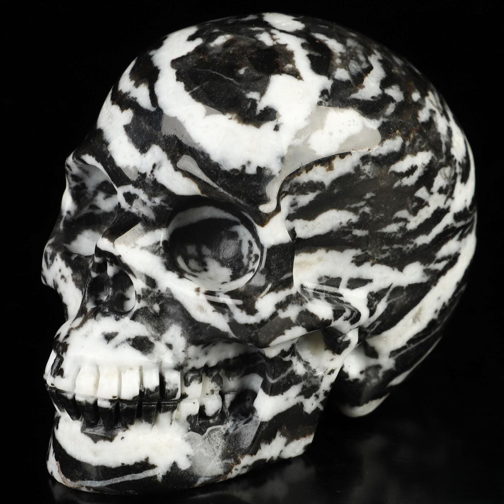 Zebrastreepjasper, prachtige schedelvormige sculptuur, verzameling, meditatie, Feng Shui, ijdelheid, memento mori