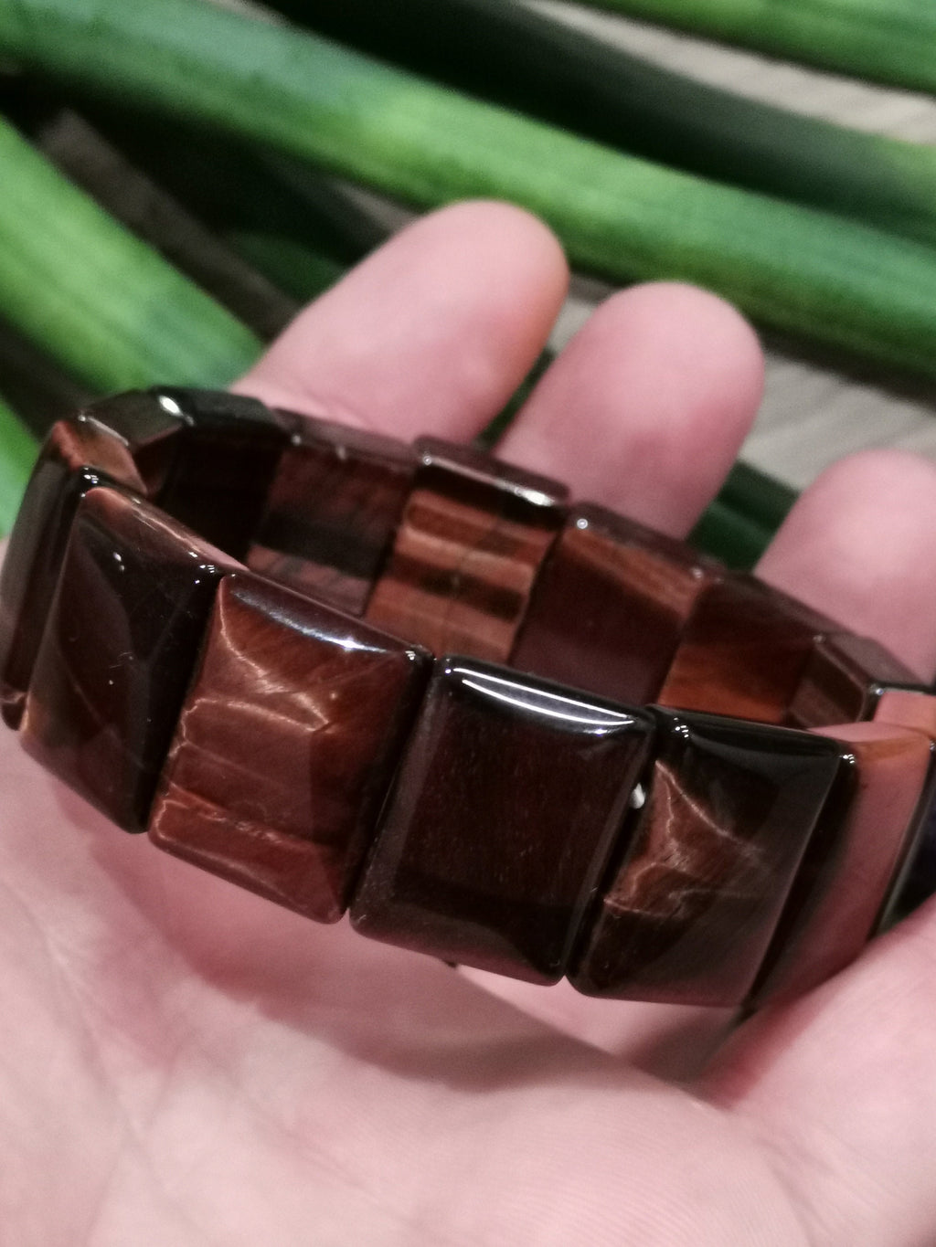 Rode ootstier, natuursteen armband Grote rechthoekige kralen 20 /15 mm