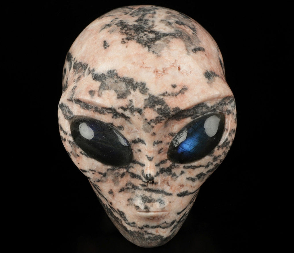 Alien-Schädel Roswell „Pink Tiger“ aus rosa, grau geädertem Stein und Labradorit · XL