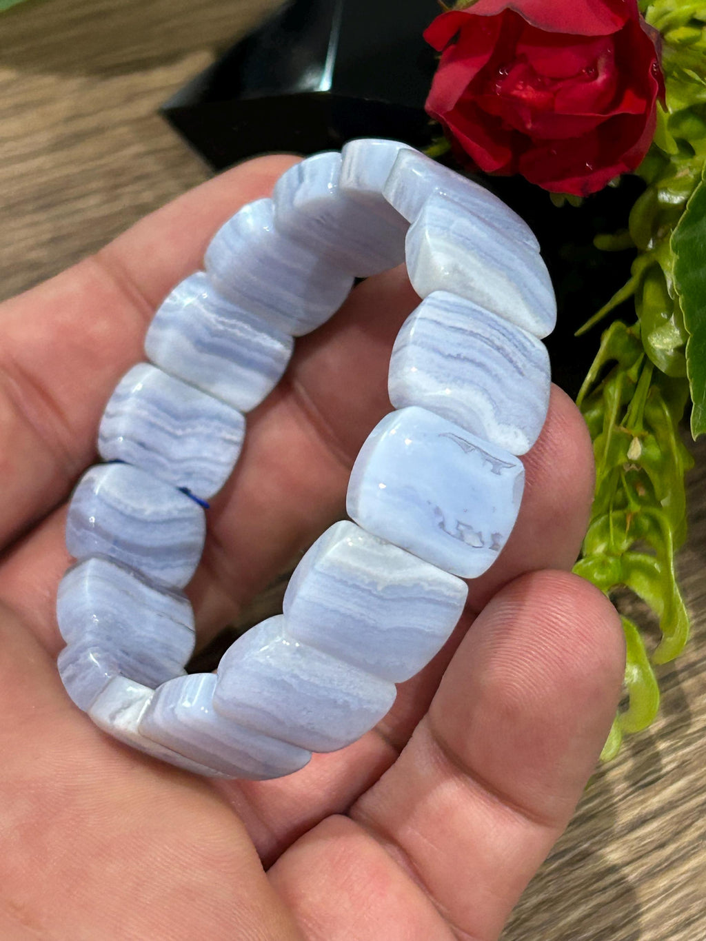 Ágata BLUE LACE , Pulseira com comprimento de 16,5 cm , Pérola em formato oval de 16/12 mm , Pedra natural dos EUA