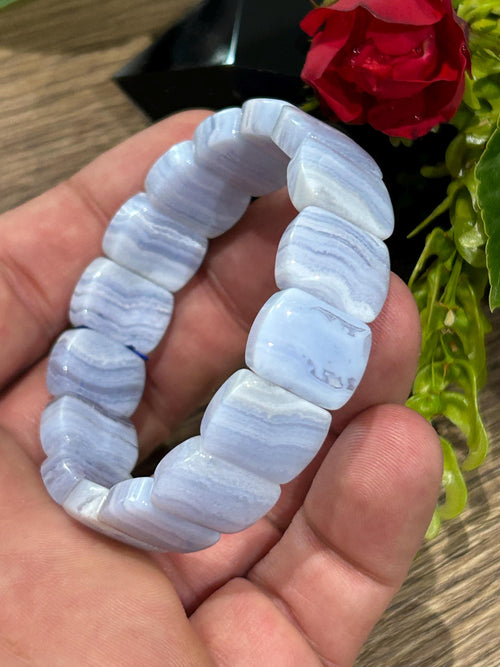 Ágata BLUE LACE , Pulseira com comprimento de 16,5 cm , Pérola em formato oval de 16/12 mm , Pedra natural dos EUA