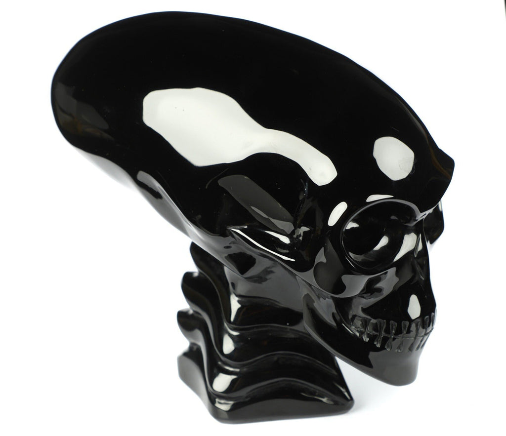 Obsidian SCHWARZ ,6,5 Zoll Skulptur Alien-Schädel Liegend / Maya-Reiseschädel / Lithotherapie / Schädel ; Cranio , Schädel Kristallschädel