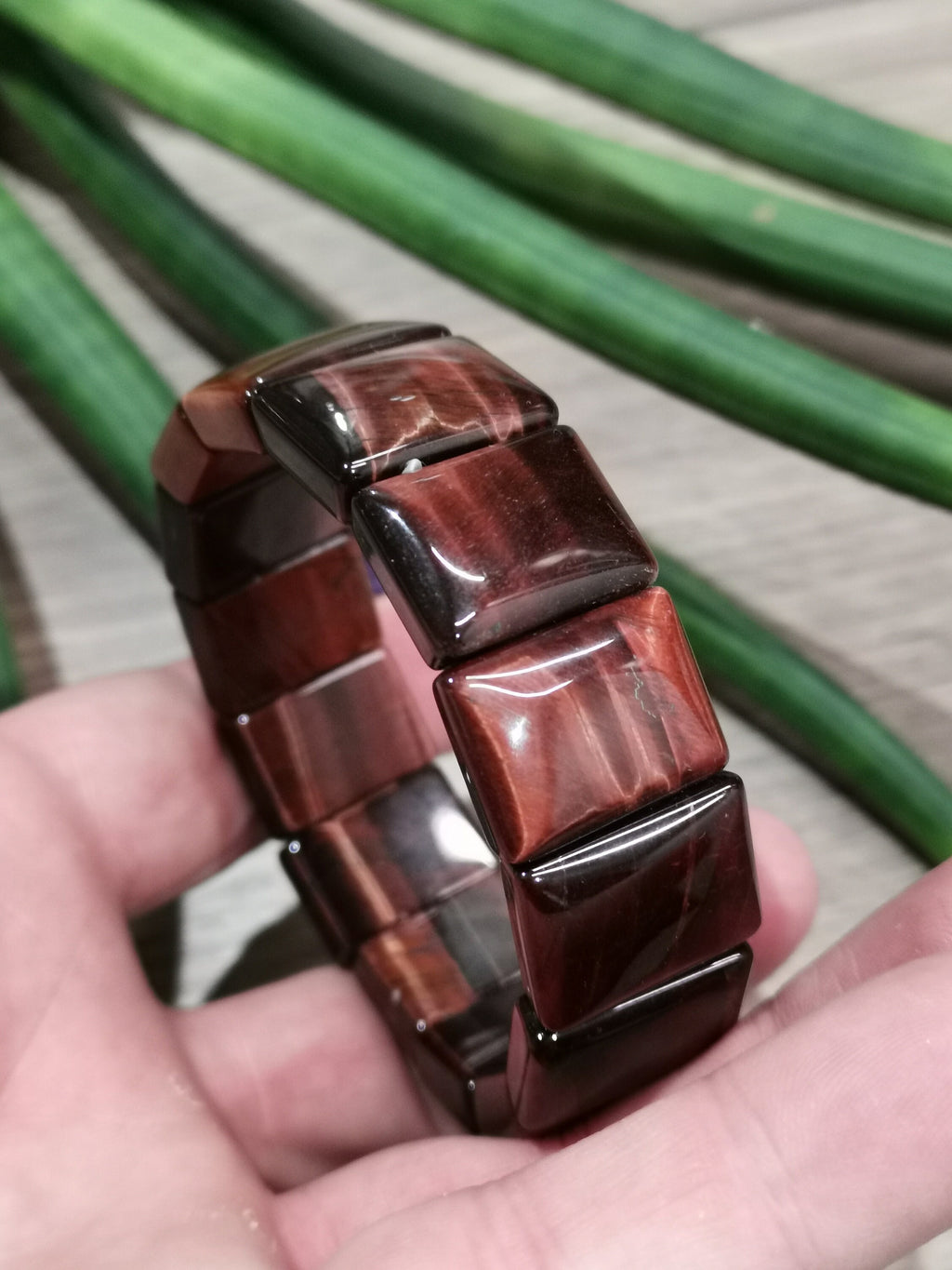 Rode ootstier, natuursteen armband Grote rechthoekige kralen 20 /15 mm
