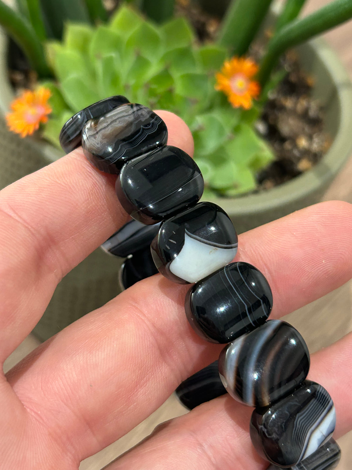 Black Banded Agate, Natural Stone Bracelet; Oval Bead / Protection / Energy