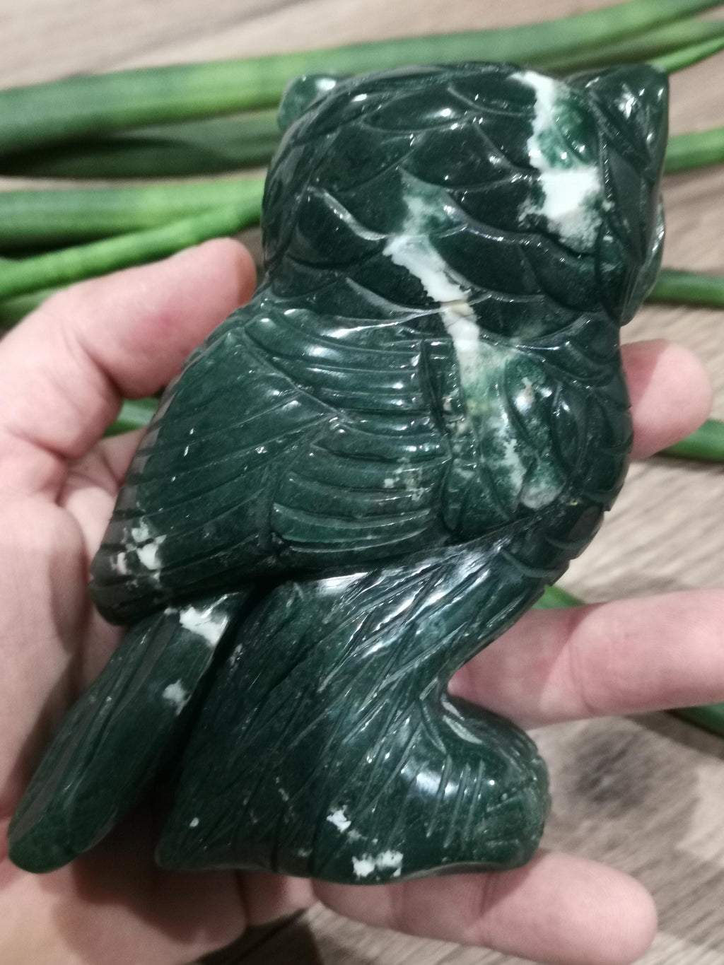 Owl Carved in Natural Stone, Moss Agate, Cut Mineral 646 Gr