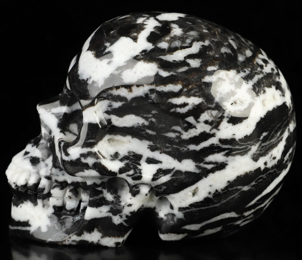 Zebrastreepjasper, prachtige schedelvormige sculptuur, verzameling, meditatie, Feng Shui, ijdelheid, memento mori