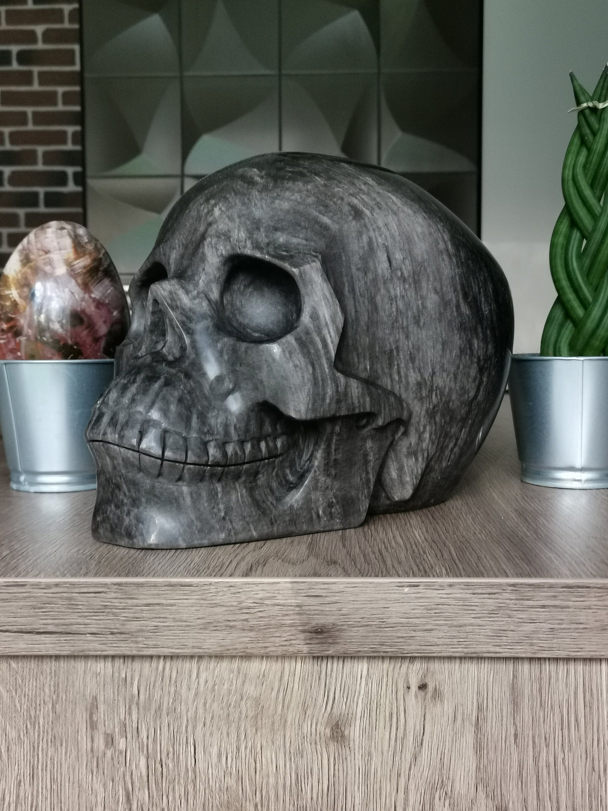 Sculpture Crâne Maitre + 19 KG -> Obsidienne Argentée / Vanité XXL Colosse / Titan