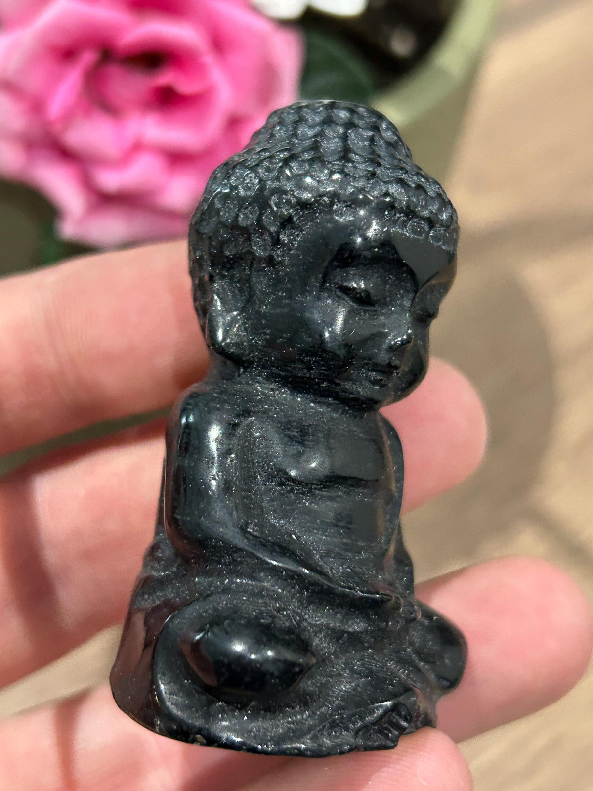 Mini Boeddha Indiase godin van zwart obsidiaan (76 g), ideaal voor Feng Shui, Zen-decoratie en meditatie