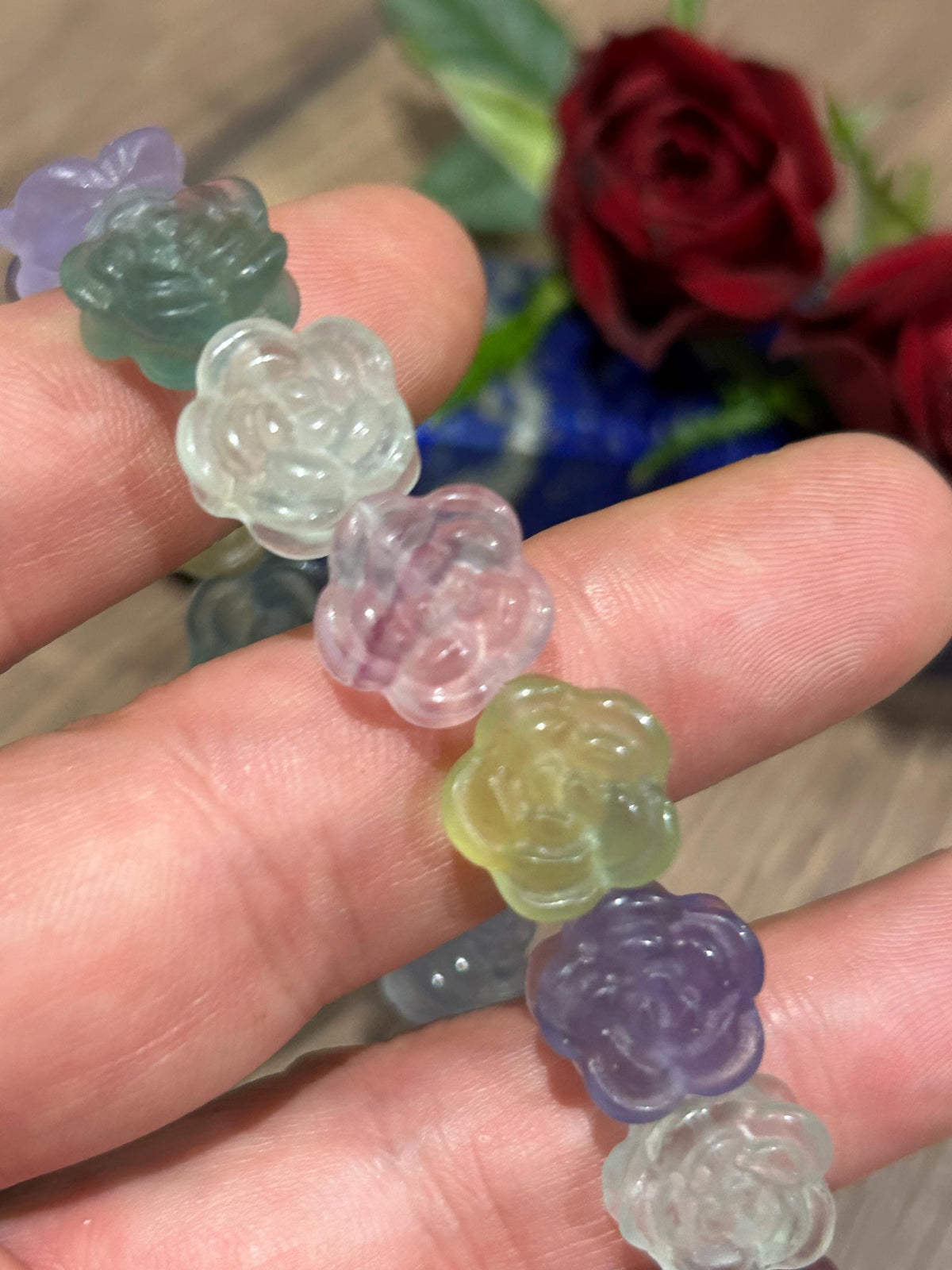 Fluorite multicolorida  , Pulseira de contas em forma de Flor / Minerais / Litoterapia