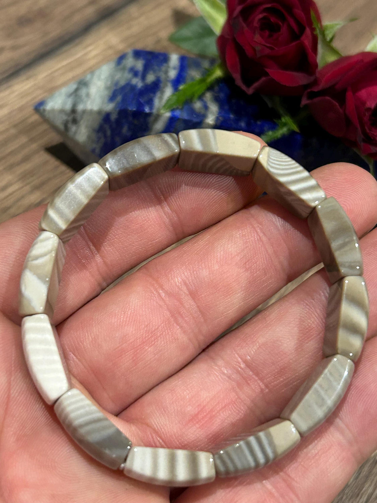 Agata Bandata Marrone, Bracciale con perla rettangolare , Lunghezza di 17 Cm