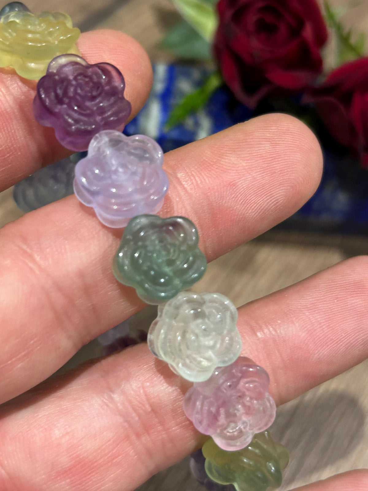 Fluorite multicolorida  , Pulseira de contas em forma de Flor / Minerais / Litoterapia