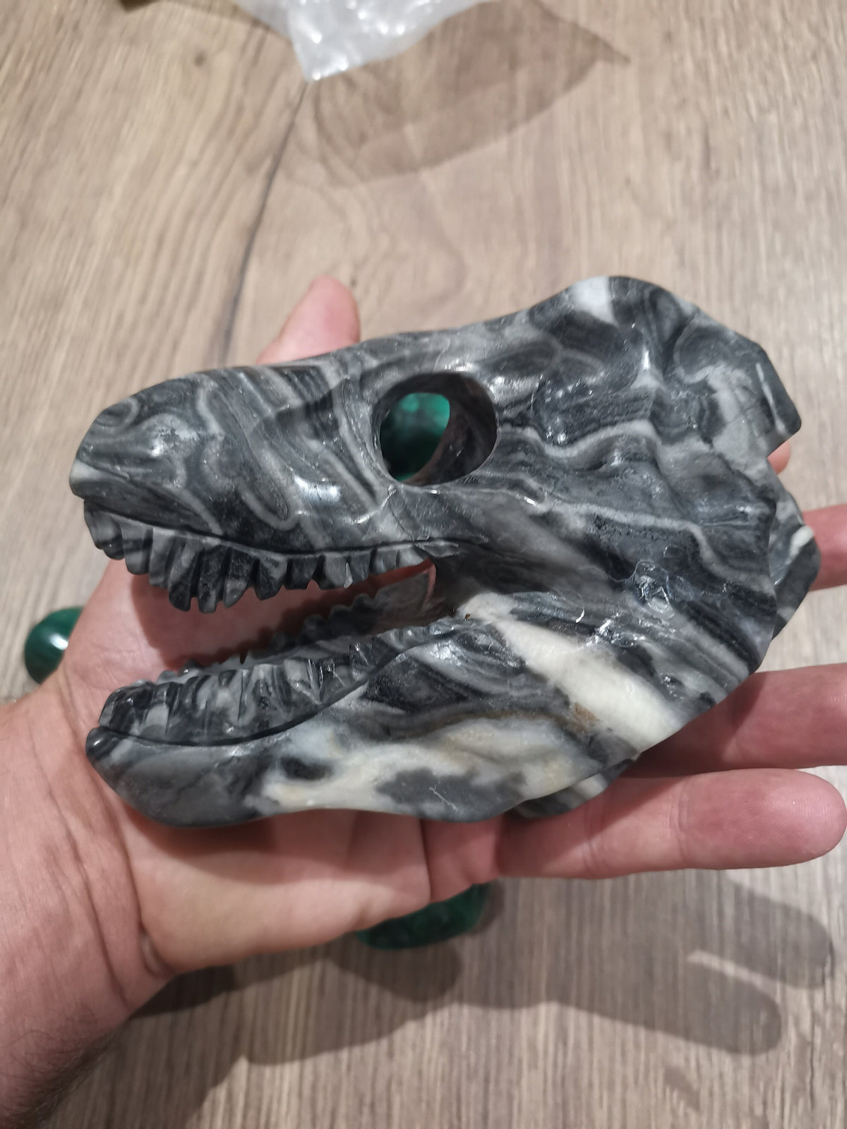 Crâne de tyrannosaure en jaspe Gris , Sculpture statue 958 Grammes Crystal Skull