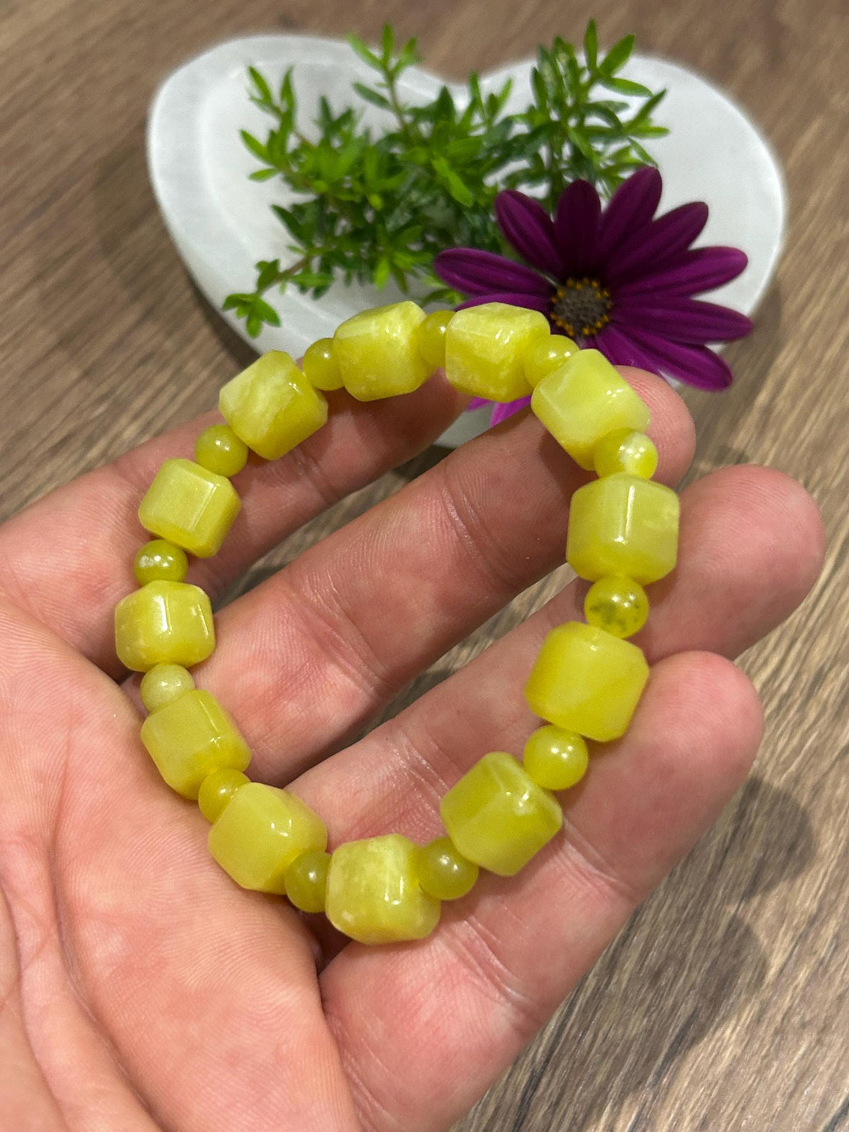 Serpentina , Jade Limón , Pulsera a Medida , Perla Redonda de 6 mm + Cuadrado de 10 mm / - Serenidad – Equilibrio – Renovación