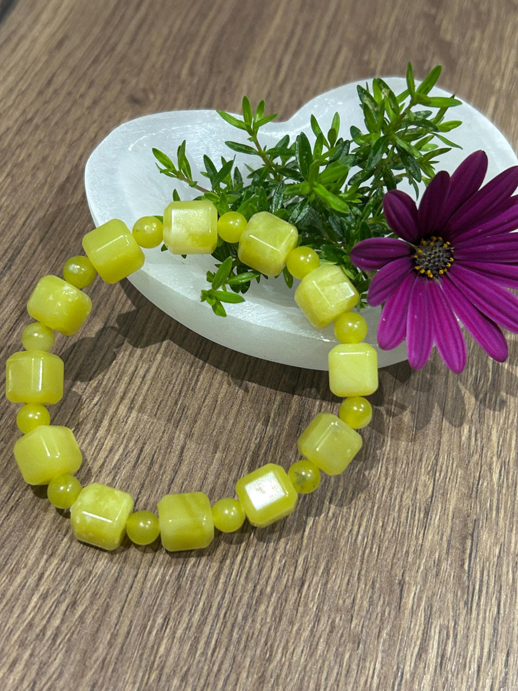 Serpentina , Jade Limón , Pulsera a Medida , Perla Redonda de 6 mm + Cuadrado de 10 mm / - Serenidad – Equilibrio – Renovación