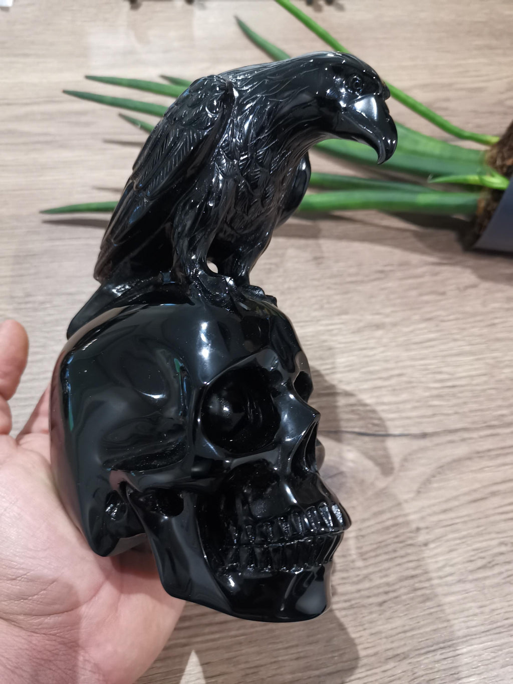 Skelet en raaf van zwart obsidiaan · Collectiebeeldhouwkunst