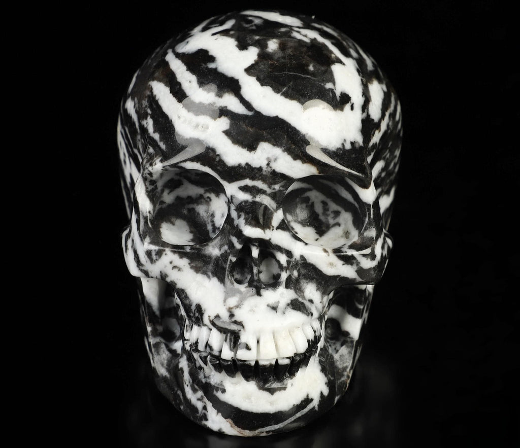 Zebrastreepjasper, prachtige schedelvormige sculptuur, verzameling, meditatie, Feng Shui, ijdelheid, memento mori