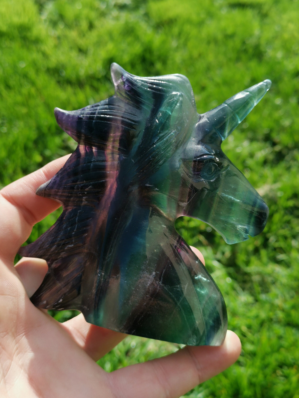 Licorne , Fluorite arc en ciel , jolie tête de 375 grammes