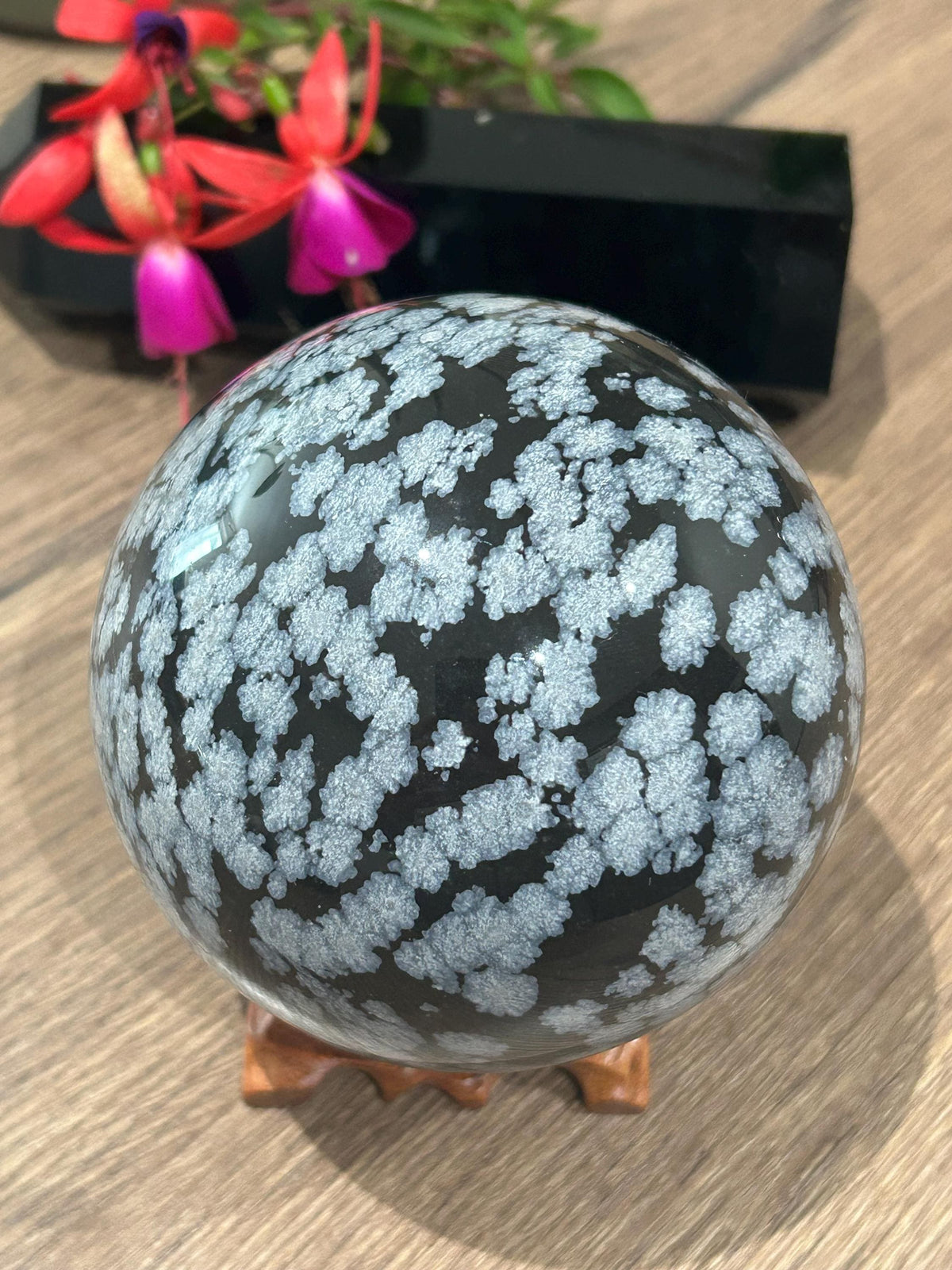 Obsidiana COPOS DE NIEVE , Esfera XL de colección , Diámetros 99 Mm / Litoterapia / Feng shui