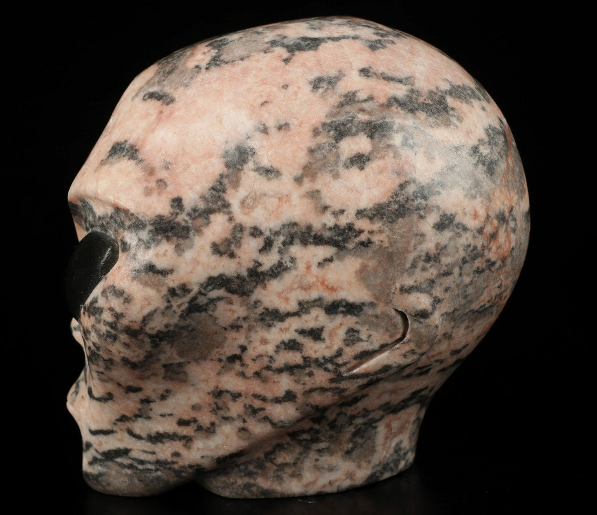 Crâne alien Roswell « Pink Tiger » en pierre rose veinée de gris et labradorite · XL