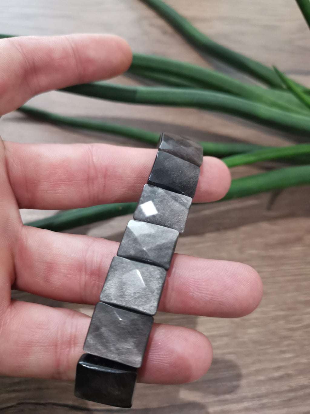 Black Obsidian with Silver Reflection, Large 16 x 13 mm Rectangular Bead, Premium Quality / Flexible Bangle Bracelet