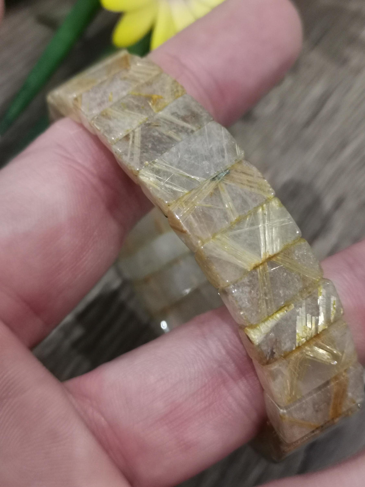 Quarzo Rutilato Oro / capelli d'angelo ->  Bracciale con perla rettangolare / Pietra naturale AAA