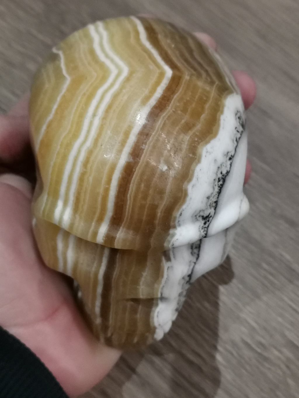 Calcite amarela mel com banda, ágata dendrítica, crânio de coleção / Pedra natural