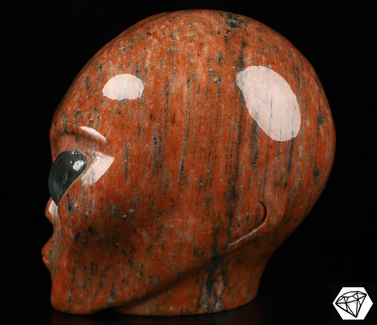 Crâne alien Roswell en granit rouge et labradorite · Pierre naturelle XL
