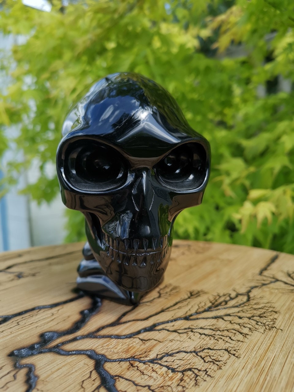 Obsidian SCHWARZ ,6,5 Zoll Skulptur Alien-Schädel Liegend / Maya-Reiseschädel / Lithotherapie / Schädel ; Cranio , Schädel Kristallschädel