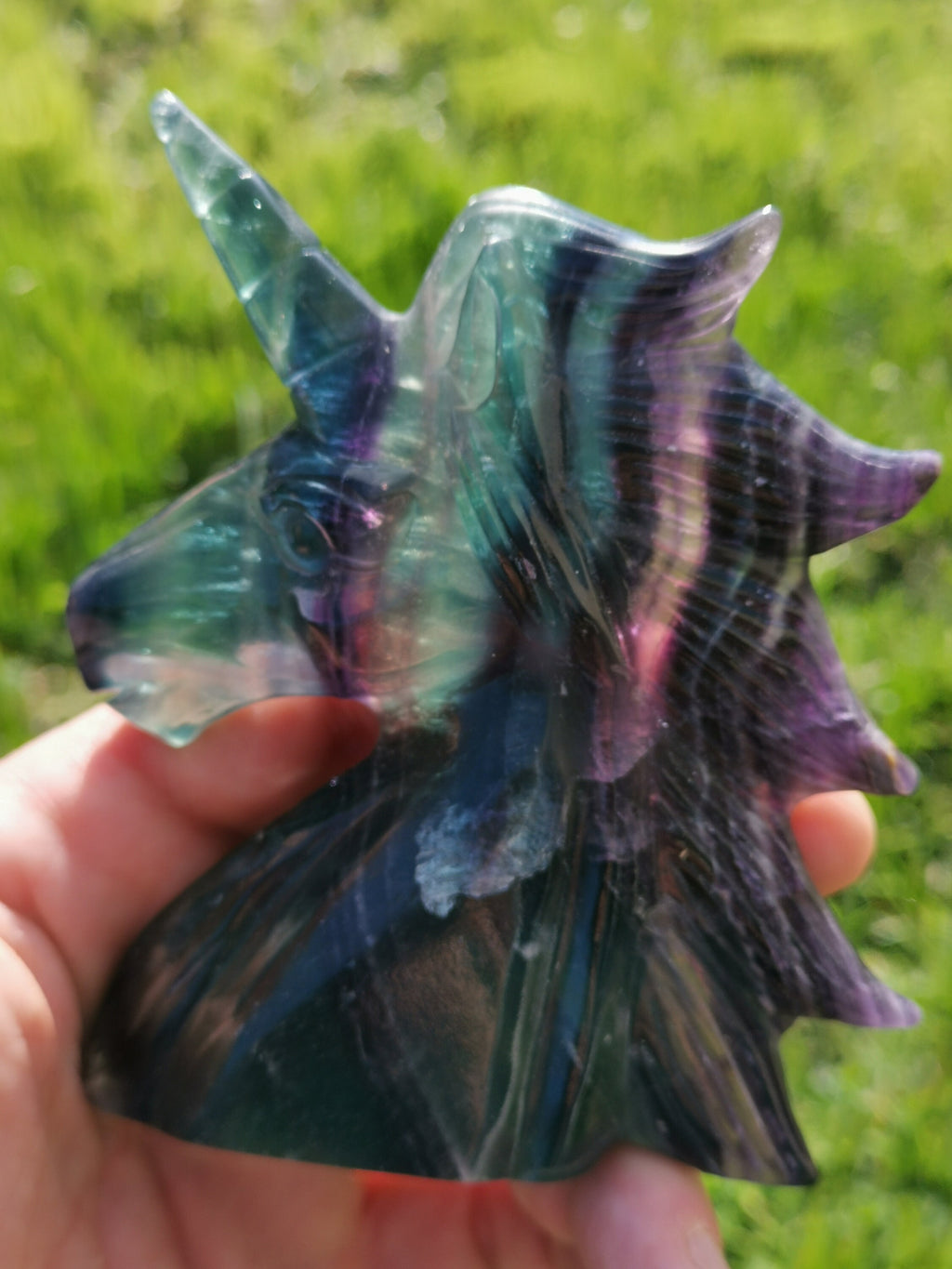 Licorne , Fluorite arc en ciel , jolie tête de 375 grammes