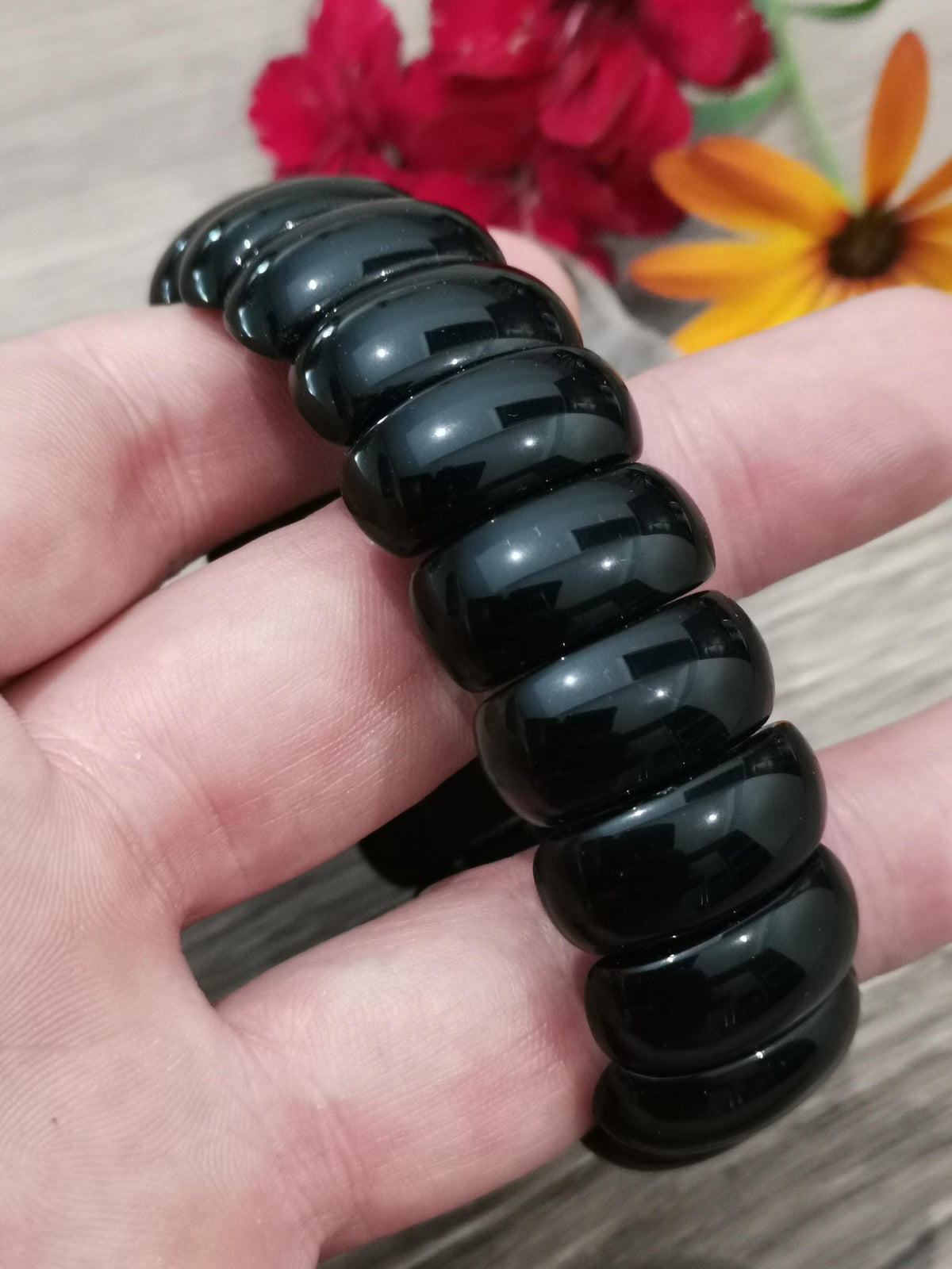 Obsidiana Negra, pulseira à medida -> Conta meia-lua larga de 22 por 11 mm, fabrico com comprimento à medida