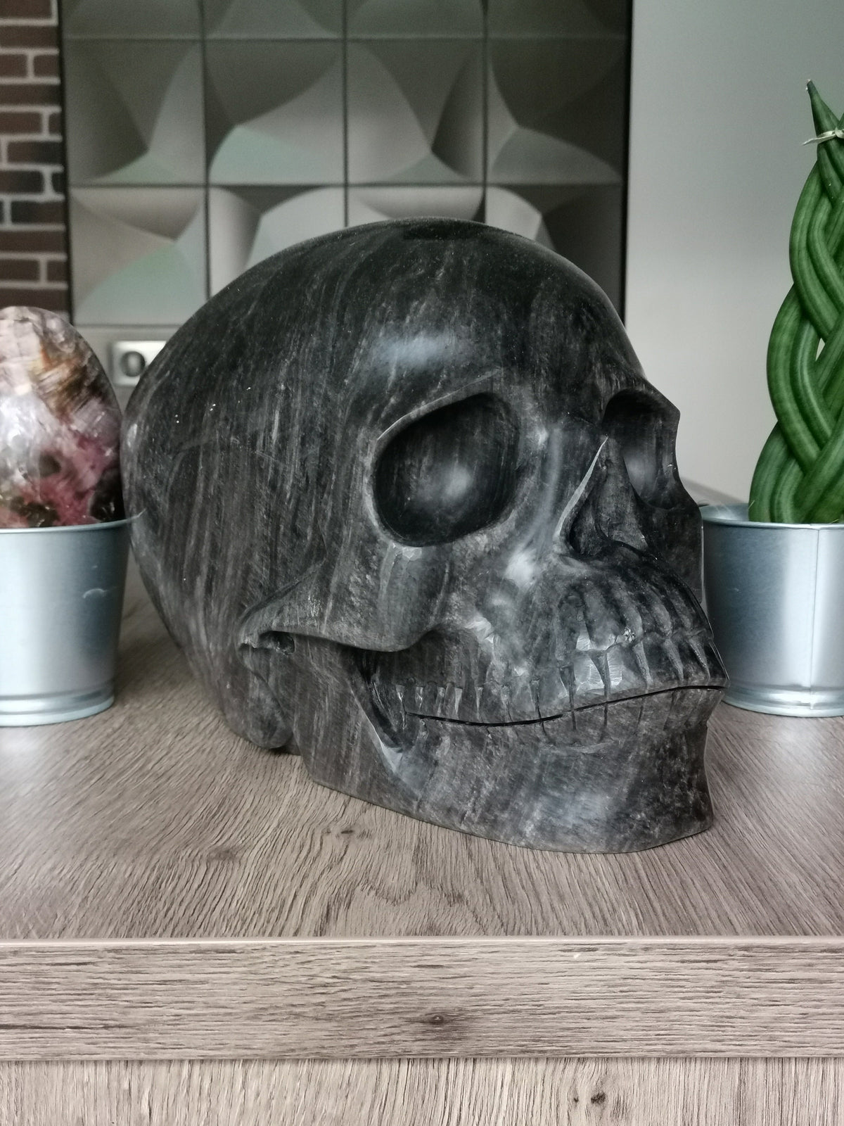 Sculpture Crâne Maitre + 19 KG -> Obsidienne Argentée / Vanité XXL Colosse / Titan