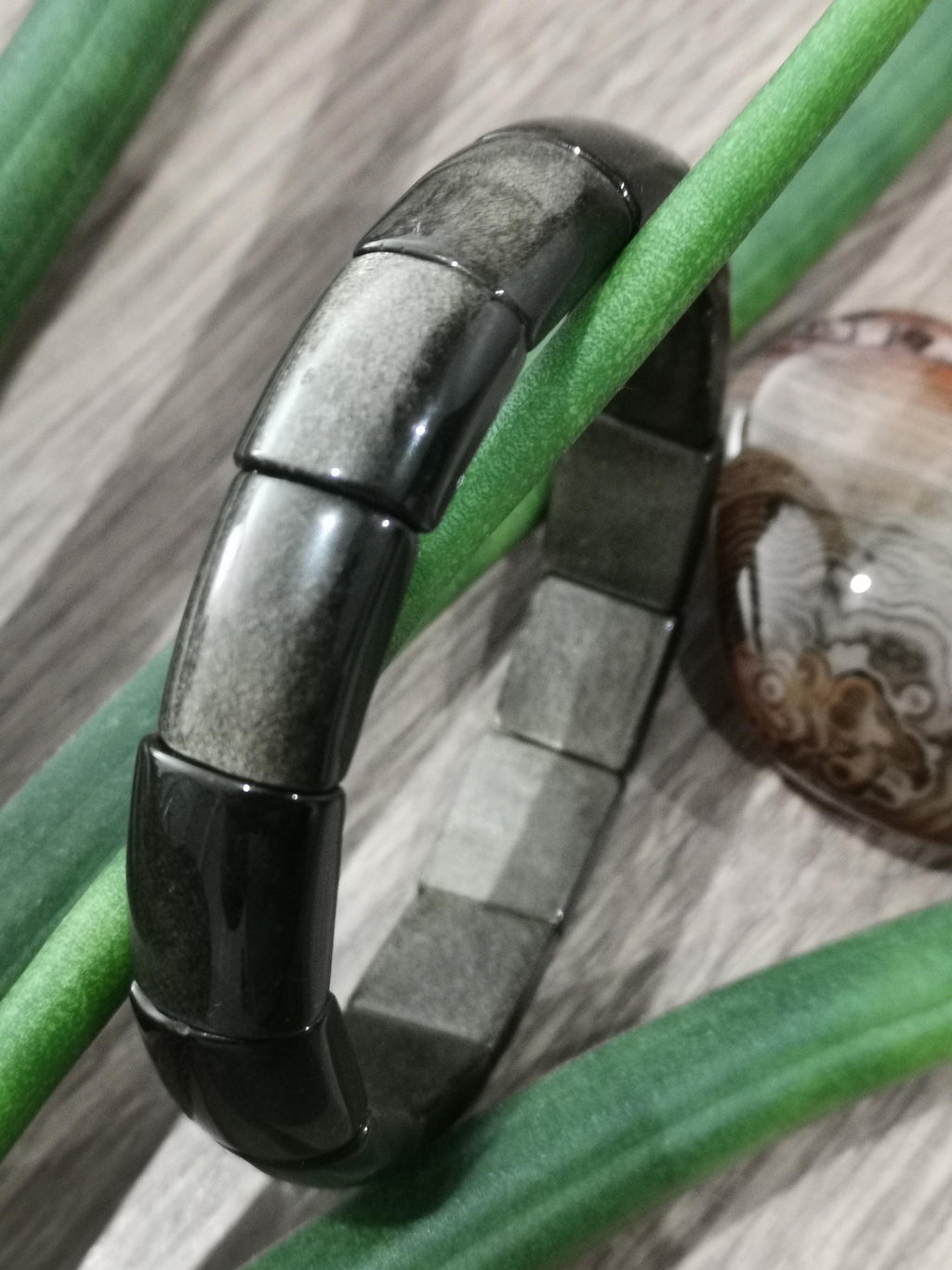 Zwarte obsidiaan, verguld met gouden glans, armband voor man/vrouw met halve maanparels / AA