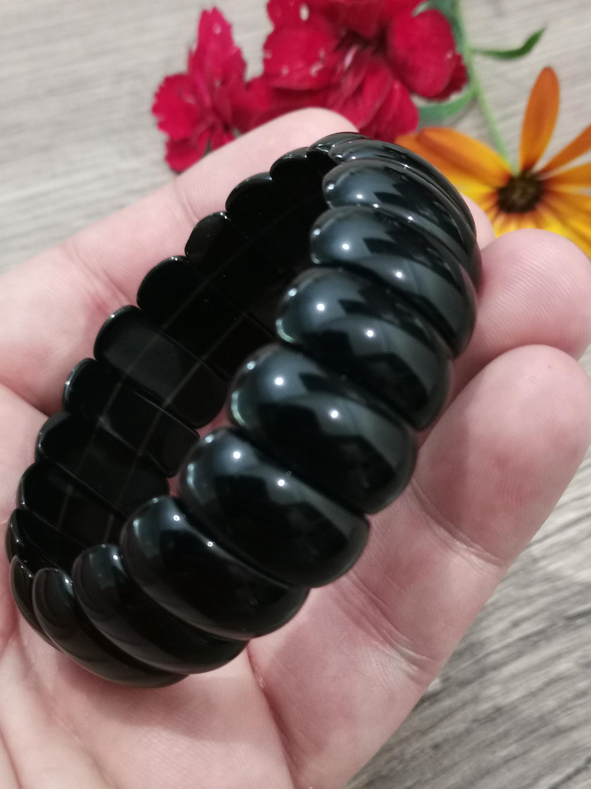 Obsidiana Negra, pulseira à medida -> Conta meia-lua larga de 22 por 11 mm, fabrico com comprimento à medida