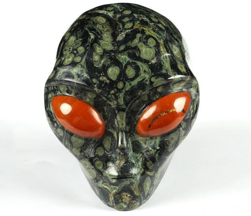 Crâne alien Roswell en jaspe kambaba et jaspe rouge · Pierre naturelle XL