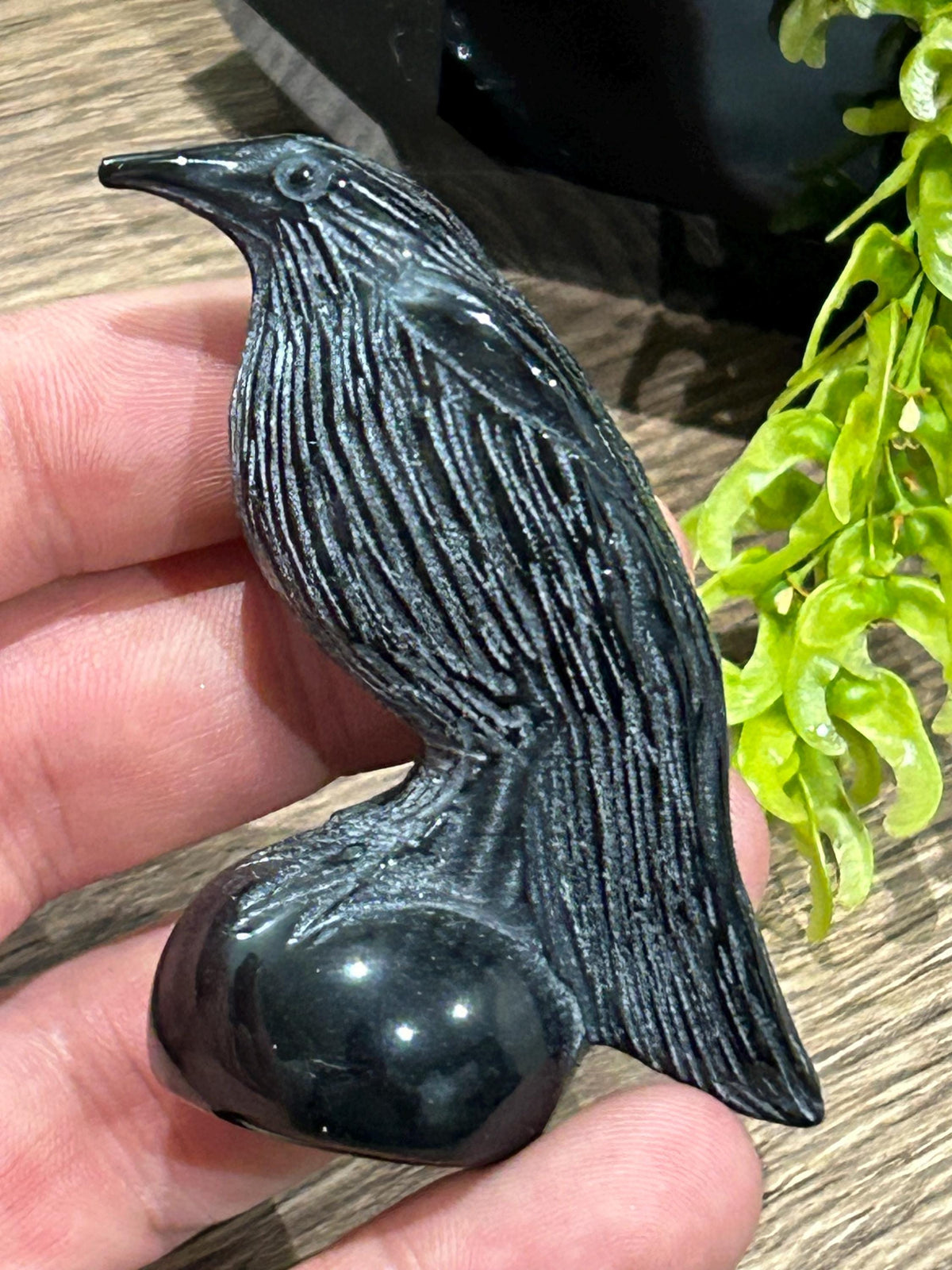 Vogelsculptuur 70 Gr , Raaf van Gepolijst Zwart Obsidiaan , Natuurlijke Vulkanische Steen