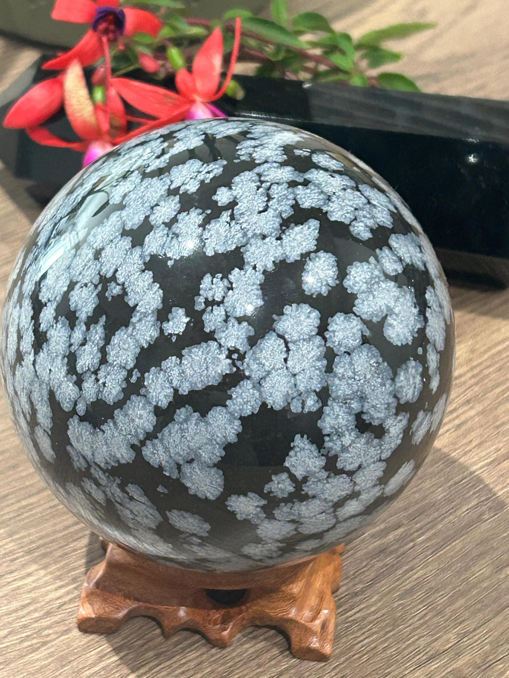 Obsidiana COPOS DE NIEVE , Esfera XL de colección , Diámetros 99 Mm / Litoterapia / Feng shui